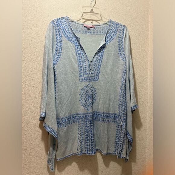 Calypso St. Barth Etasa Tunic Linen White Ivory Flared Sleeve Embroidered Blouse - Picture 1 of 9